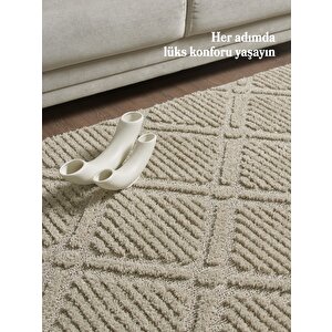 Yumuşak Peluş Tüylü İskandinav Desenli Kabarık Bukleli Bej Renkli Halı 100x350 cm