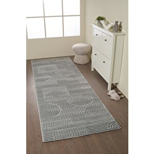 Yumuşak Peluş Tüylü İskandinav Desenli Kabarık Bukleli Gri Renkli Halı 80x500 cm