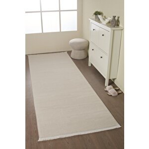 Modern Tasarımlı Salon  Mutfak  Koridor Halısı  Düz Saçaklı Bej Renkli 160x400 cm