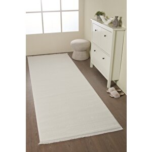 Modern Tasarımlı Salon  Mutfak  Koridor Halısı  Düz Saçaklı Krem Renkli 140x500 cm