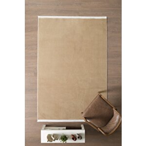 Modern Saçaklı Kaymaz Taban Tavşan Tüyü Kolay Temizlenebilir Yıkanabilir Salon Oturma Odası Yolluk Mutfak Halısı Bej Renk 200x300 cm