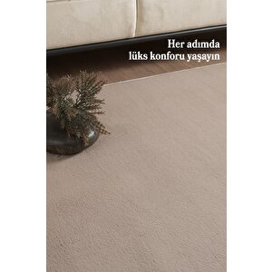 Modern Saçaklı Kaymaz Taban Tavşan Tüyü Kolay Temizlenebilir Yıkanabilir Salon Oturma Odası Yolluk Mutfak Halısı Açık Kahverengi R
