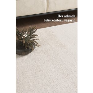 Modern Saçaklı Kaymaz Taban Tavşan Tüyü Kolay Temizlenebilir Yıkanabilir Salon Oturma Odası Yolluk Mutfak Halısı Krem Renk