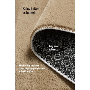 Modern Saçaklı Kaymaz Taban Tavşan Tüyü Kolay Temizlenebilir Yıkanabilir Salon Oturma Odası Yolluk Mutfak Halısı Bej Renk 80x400 cm