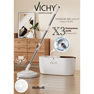 360° Döner Mop Temizlik Seti | Kolay Sıkma Kova, Mikrofiber Mop (yedek Mop Hediyeli) Vch-6675 X3