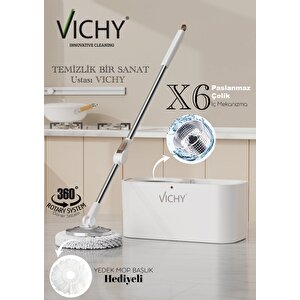 360° Döner Mop Temizlik Seti | Kolay Sıkma Kova, Mikrofiber Mop (yedek Mop Hediyeli) Vch-6677 X6