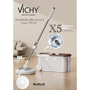 360° Döner Mop  Tekerlekli Temizlik Seti | Kolay Sıkma Kova, Mikrofiber Mop (yedek Mop Bezi Hediyeli) Vch-6676 X5