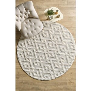Yuvarlak Halı Yumuşak Bukle Tabanlı Modern Kabartmalı 3d Labirent Desenli Krem Gri Renkli Halı