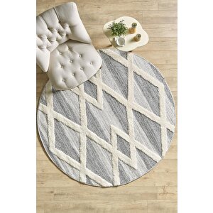 Yuvarlak Halı Yumuşak Bukle Tabanlı Modern Kabartmalı 3d Üçgen Desenli Krem Gri Renkli Halı 80 cm