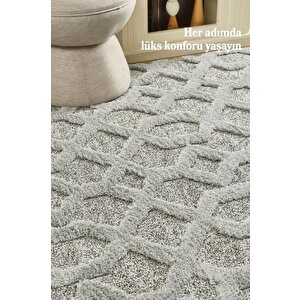Yuvarlak Halı Yumuşak Bukle Tabanlı Modern Kabartmalı 3d Izgara Desenli Krem Gri Renkli Halı