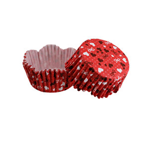 Cupcake Kalıbı Pet Kapsül Dalgalı Kırmızı Üzeri Fiyonk Ve Kalp Desenli Kek Kalıbı 65x38 Mm (100 Adet)