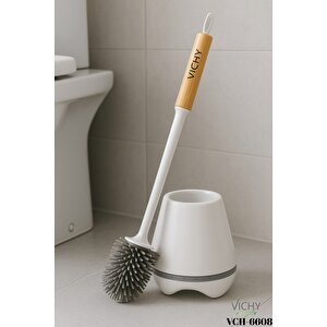 banyo Tuvalet Fırçası Seti | Beyaz Standlı, Silikon Başlıklı, Ahşap Saplı, Modern Tasarım Vch-6608
