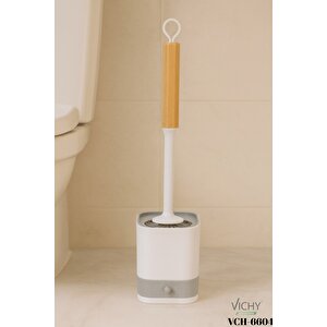 şık Tuvalet Fırçası – Kare Standlı, Bambu Saplı,silikon Başlıklı, Hijyenik Ve Estetik Banyo Ürünü Vch-6604