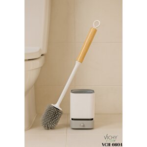 şık Tuvalet Fırçası – Kare Standlı, Bambu Saplı,silikon Başlıklı, Hijyenik Ve Estetik Banyo Ürünü Vch-6604