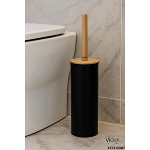 Modern Tasarımlı Siyah Tuvalet Fırçası – Bambu Saplı, Standlı, Hijyenik Banyo Temizlik Aksesuarı   Vch-6607