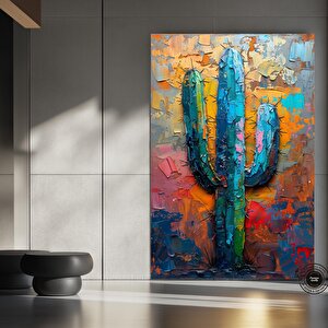 Kaktüs Temalı Çok Renkli Kanvas, Çöl Ve Minimalist Tarzda Duvar Sanatı