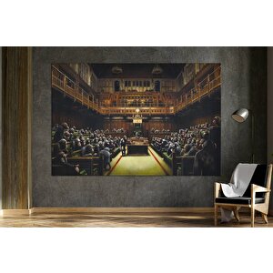 Banksy Şempanze Parlamentosu Kanvas; Banksy Tarzı Reprodüksiyon; Asmaya Hazır Sokak Sanatı 90x180 cm