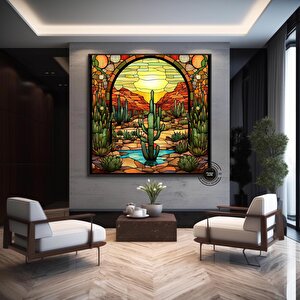 Saguaro Kaktüs Duvar Sanatı, Vitray Tarzı Sonoran Arizona Çöl Resmi Tuval Baskısı 80x80 cm
