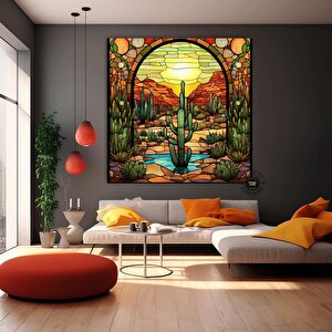 Saguaro Kaktüs Duvar Sanatı, Vitray Tarzı Sonoran Arizona Çöl Resmi Tuval Baskısı