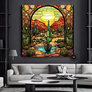 Saguaro Kaktüs Duvar Sanatı, Vitray Tarzı Sonoran Arizona Çöl Resmi Tuval Baskısı 40x40 cm