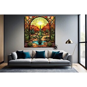 Saguaro Kaktüs Duvar Sanatı, Vitray Tarzı Sonoran Arizona Çöl Resmi Tuval Baskısı 40x40 cm