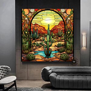 Saguaro Kaktüs Duvar Sanatı, Vitray Tarzı Sonoran Arizona Çöl Resmi Tuval Baskısı