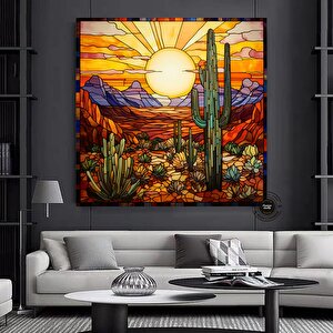 Saguaro Kaktüs Kanvas Tablosu, Vitray Tarzı Sonoran Arizona Çöl Resmi, Güneybatı Sanatı 60x60 cm