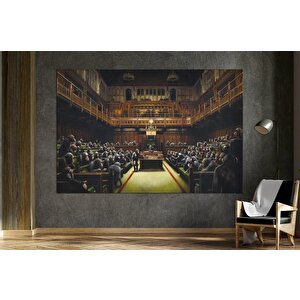 Banksy Şempanze Parlamentosu Kanvas; Banksy Tarzı Reprodüksiyon; Asmaya Hazır Sokak Sanatı 150x290 cm