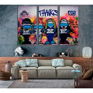 Urban Banksy Stili Kanvas; Covid Teşekkür Graffiti; Çerçeveli Set 140x200 cm