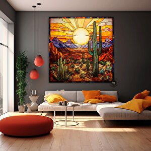Saguaro Kaktüs Kanvas Tablosu, Vitray Tarzı Sonoran Arizona Çöl Resmi, Güneybatı Sanatı