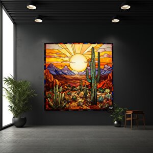 Saguaro Kaktüs Kanvas Tablosu, Vitray Tarzı Sonoran Arizona Çöl Resmi, Güneybatı Sanatı