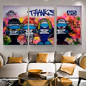 Urban Banksy Stili Kanvas; Covid Teşekkür Graffiti; Çerçeveli Set 60x120 cm