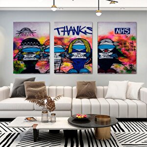 Urban Banksy Stili Kanvas; Covid Teşekkür Graffiti; Çerçeveli Set 80x120 cm