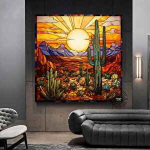 Saguaro Kaktüs Kanvas Tablosu, Vitray Tarzı Sonoran Arizona Çöl Resmi, Güneybatı Sanatı 50x50 cm