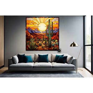 Saguaro Kaktüs Kanvas Tablosu, Vitray Tarzı Sonoran Arizona Çöl Resmi, Güneybatı Sanatı