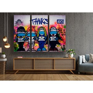Urban Banksy Stili Kanvas; Covid Teşekkür Graffiti; Çerçeveli Set