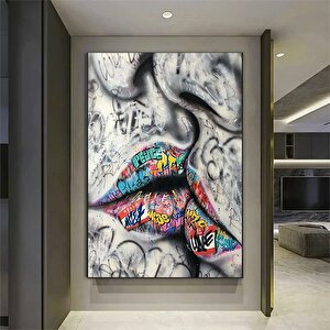 Öpüşen Aşık Çift Graffiti Kanvas Tablo; Soyut Sokak Sanatı Poster; Duvar Dekoru 100x150 cm