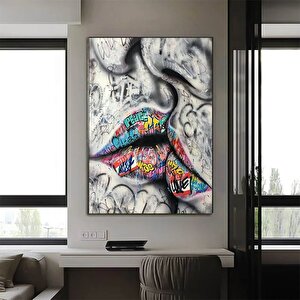 Öpüşen Aşık Çift Graffiti Kanvas Tablo; Soyut Sokak Sanatı Poster; Duvar Dekoru 40x60 cm
