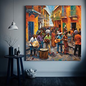 Sokak Ortamında Enstrüman Çalan Bir Grup İnsan Kanvas Tablosu, Kanvas Sanat Tablosu 120x120 cm