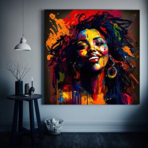 Renkli Kadın Graffiti Kanvas; Banksy Tarzı; Sokak Sanatı Dekoru 120x120 cm