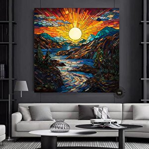Vitray Tarzı Nehir Ve Dağlar Kanvas Tablosu, Asılmaya Hazır 60x60 cm