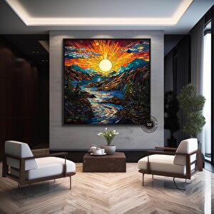 Vitray Tarzı Nehir Ve Dağlar Kanvas Tablosu, Asılmaya Hazır 60x60 cm