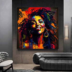Renkli Kadın Graffiti Kanvas; Banksy Tarzı; Sokak Sanatı Dekoru 80x80 cm