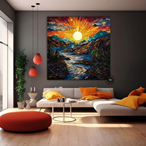 Vitray Tarzı Nehir Ve Dağlar Kanvas Tablosu, Asılmaya Hazır