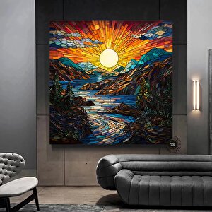 Vitray Tarzı Nehir Ve Dağlar Kanvas Tablosu, Asılmaya Hazır