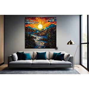 Vitray Tarzı Nehir Ve Dağlar Kanvas Tablosu, Asılmaya Hazır