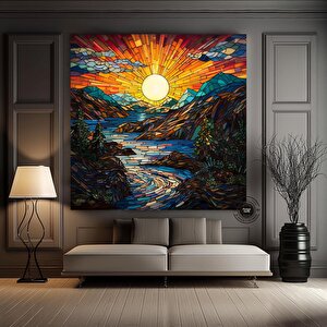 Vitray Tarzı Nehir Ve Dağlar Kanvas Tablosu, Asılmaya Hazır 50x50 cm