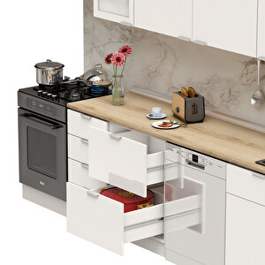Dekorex Elsa Serisi 345 Cm Aspiratör Ve Çekmece Modüllü Meşe Tezgahlı Hazır Mutfak Ls-345asp-bc-mt