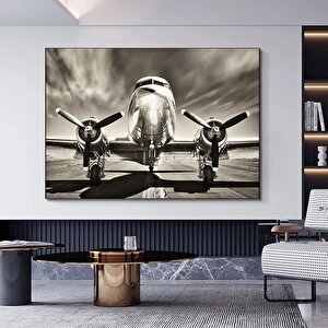 Vintage Uçak Dekoru; Douglas Dc-3 Kanvas; Siyah Beyaz 70x150 cm