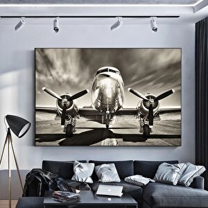 Vintage Uçak Dekoru; Douglas Dc-3 Kanvas; Siyah Beyaz 70x150 cm